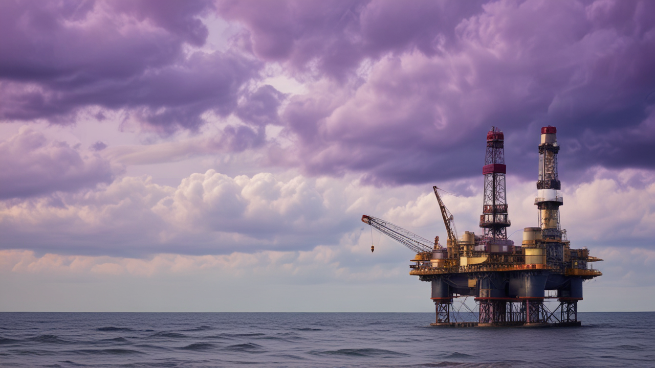 Oil drilling platform with modern equipment in the North Sea under a cloudy purple-toned sky