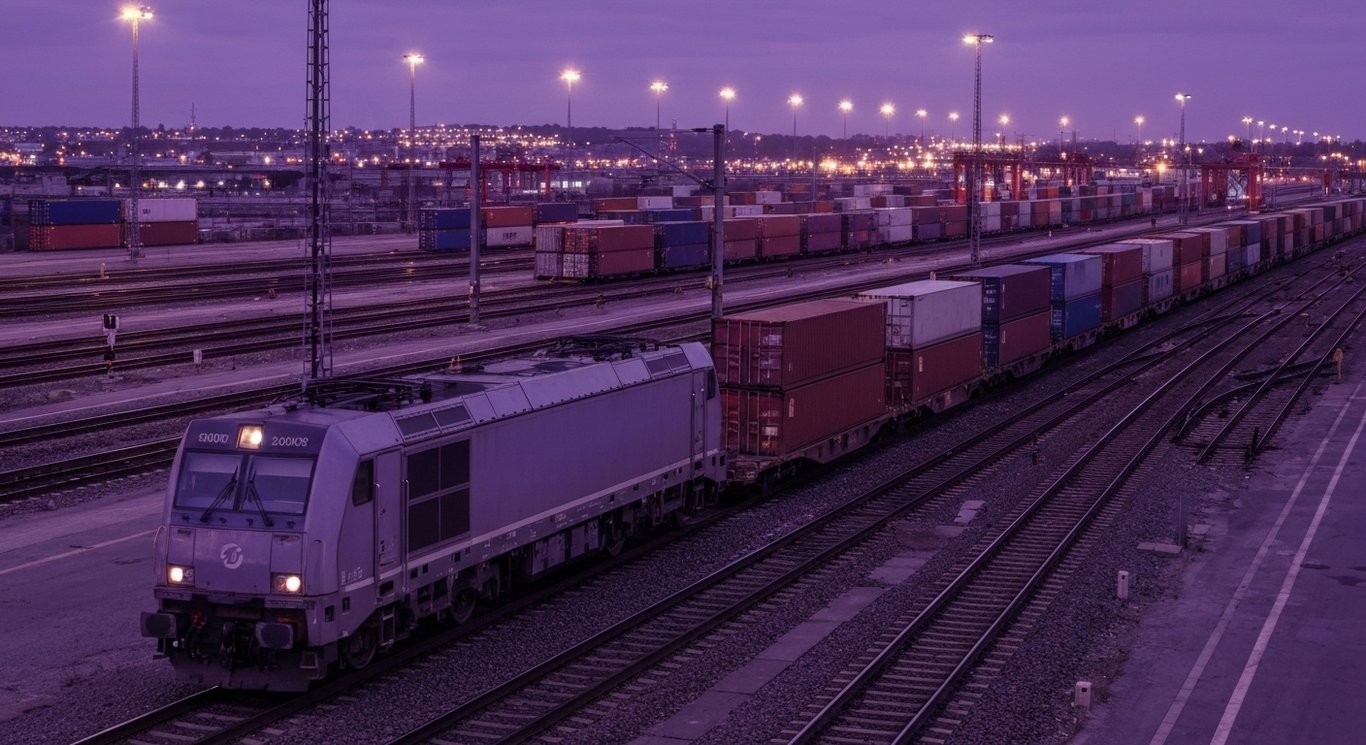 Freight train with containers traversing a rail yard at dusk, city lights in the distance