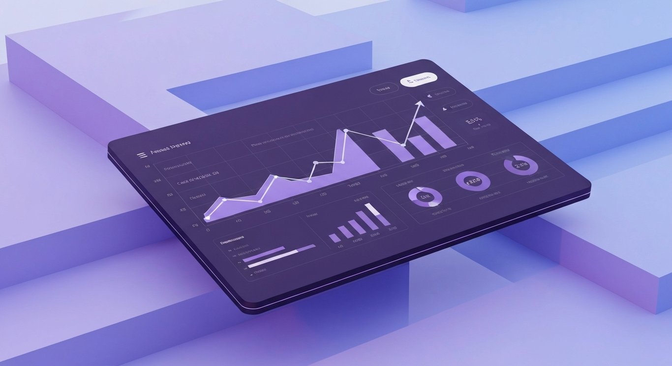 Modern financial dashboard showing upward trending charts in a sleek digital workspace with a purple theme