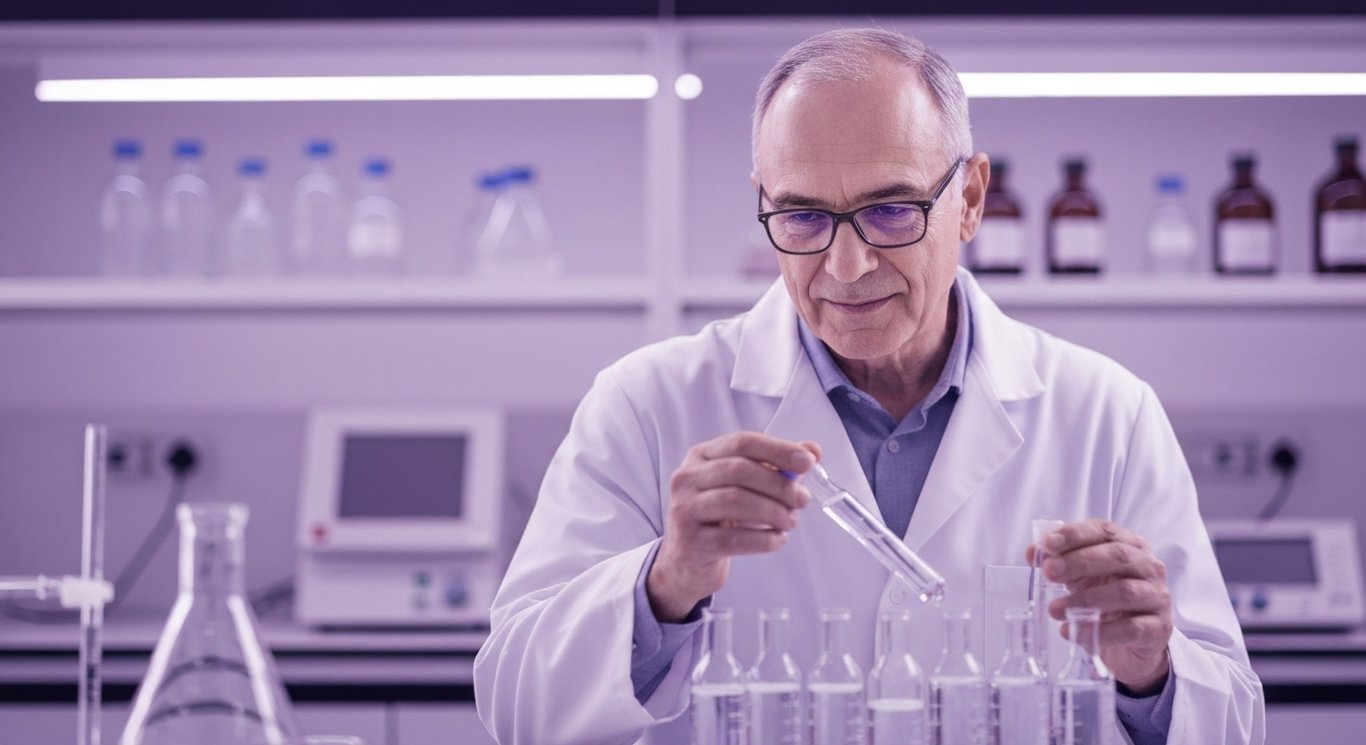 Mature scientist holding vials in a modern lab with a subtle purple-themed background