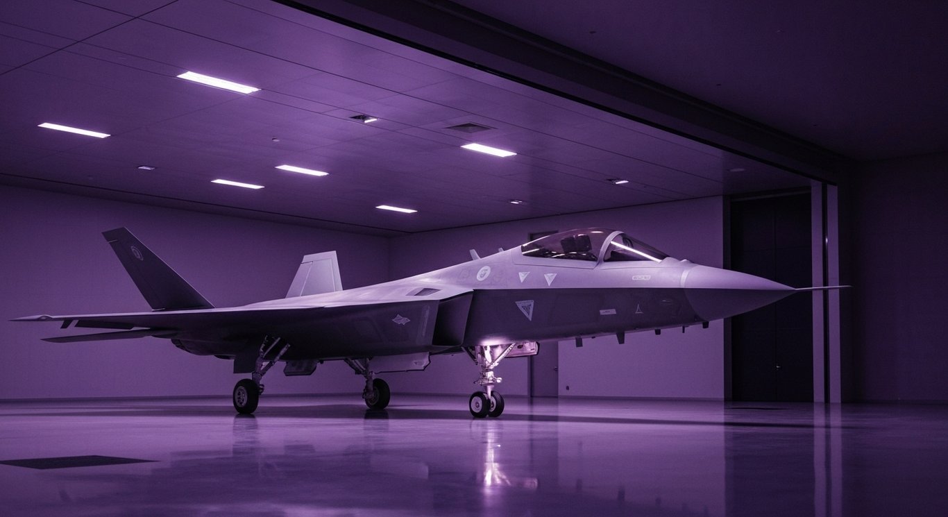 Modern stealth fighter jet in a high-tech hangar with soft purple ambient lighting
