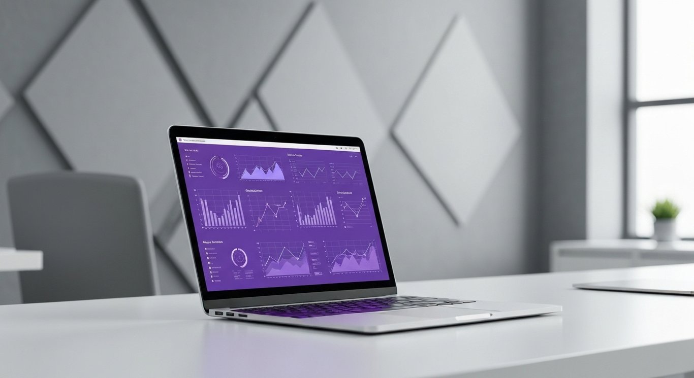 Modern laptop displaying digital analytics on a desk with a blurred purple-themed office background
