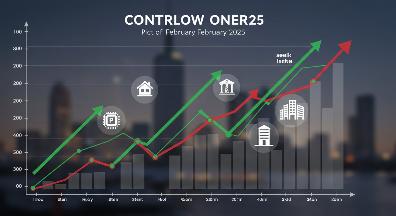 Stylized illustration of the stock market showing mixed signals, with upward trending graphs and sector icons.