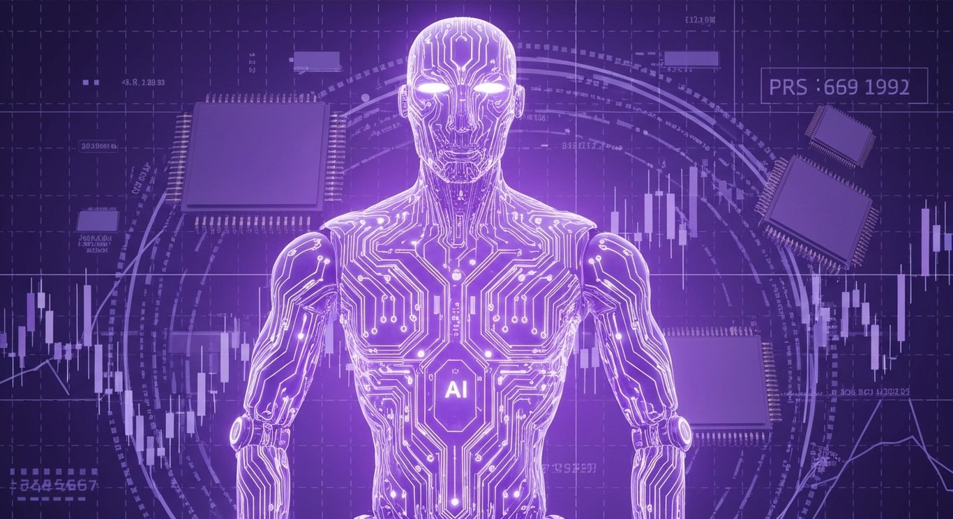 AI robot with glowing circuits in front of digital stock market chart and chip elements
