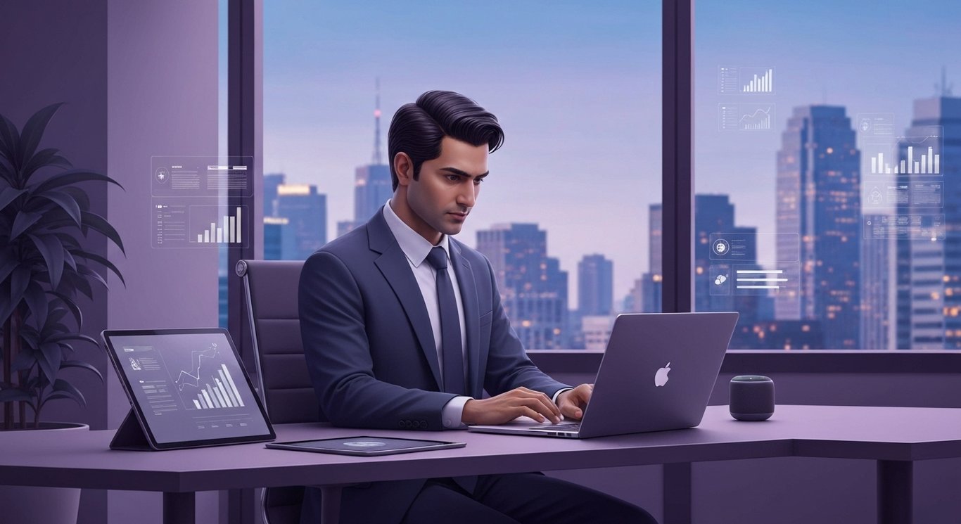 Business professional examines digital devices and charts in a modern office with a purple-themed cityscape background