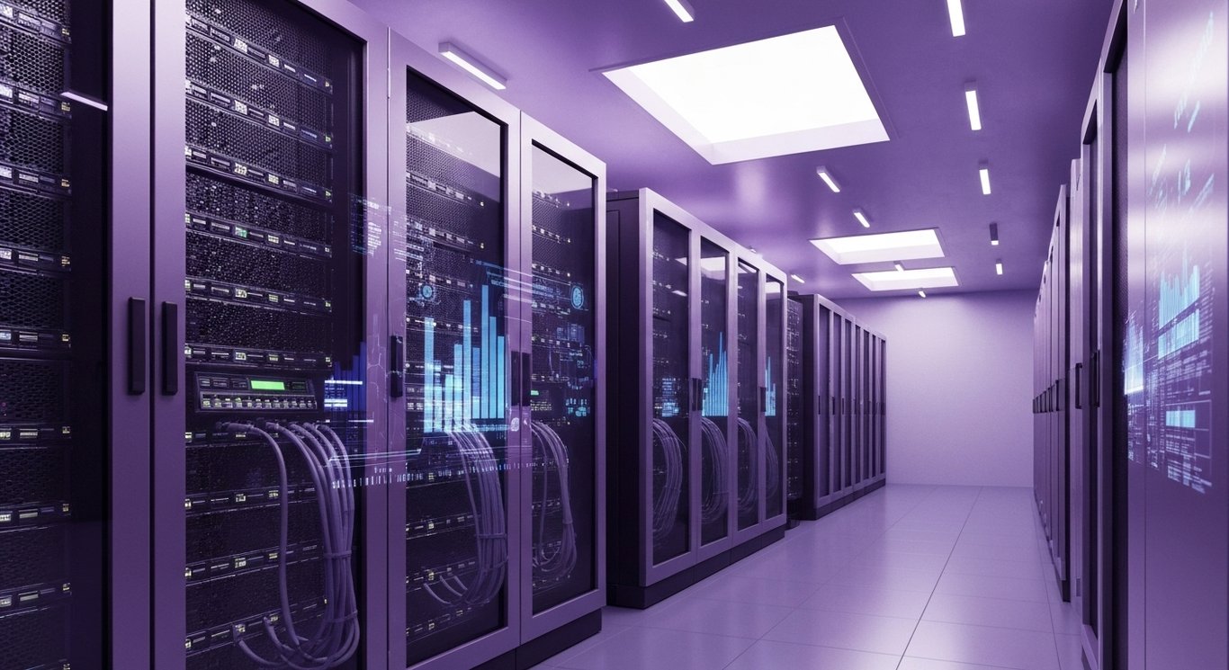 Modern data center server racks connected with advanced network cables in a clean, purple-lit environment
