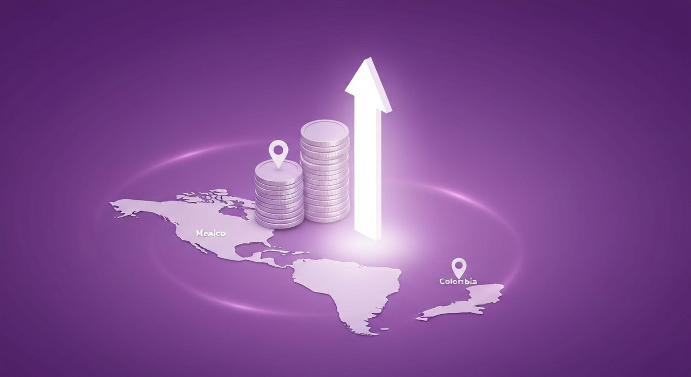 Stacked coins with an upward arrow over a Latin America map with subtle pins on Mexico and Colombia