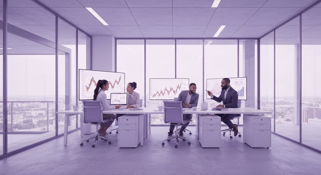 Modern office workspace where professionals discuss financial data amidst a sleek, purple-themed environment