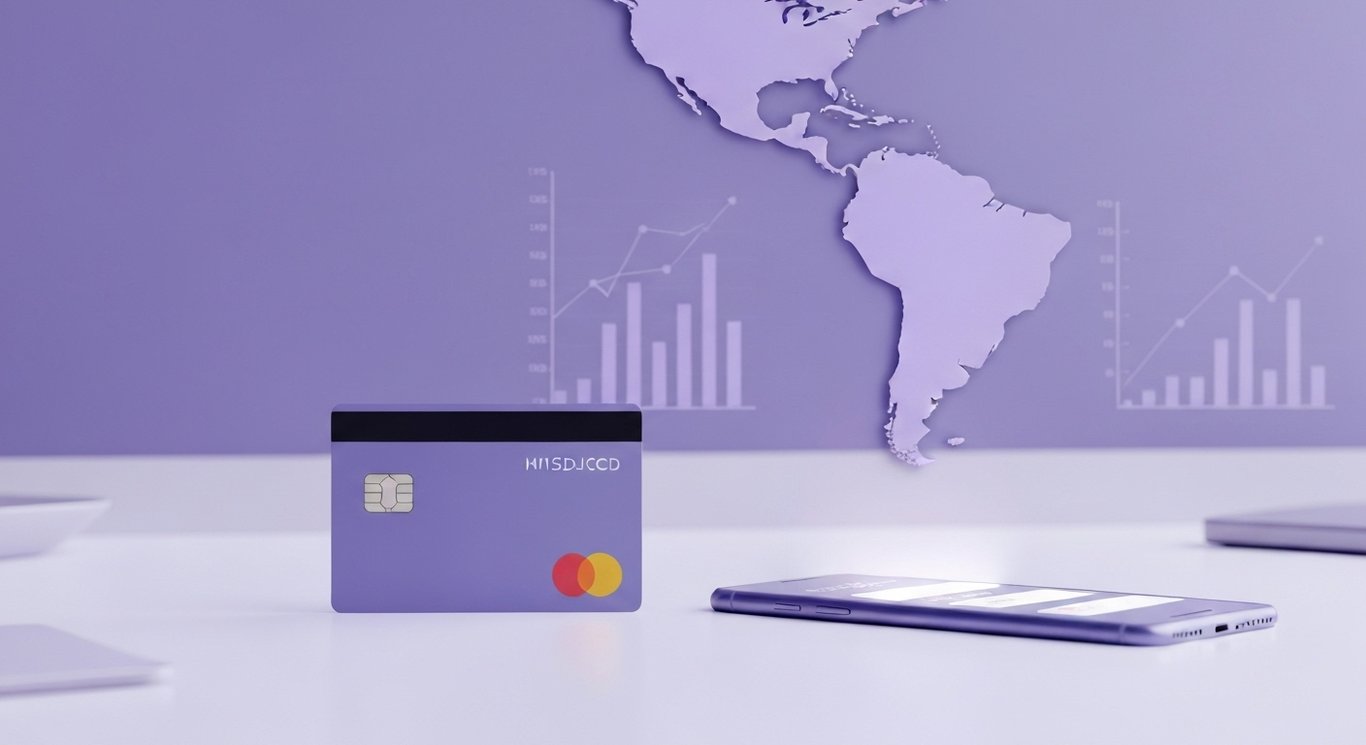 Digital payment card and smartphone on a sleek desk with abstract charts and map in soft purple hues