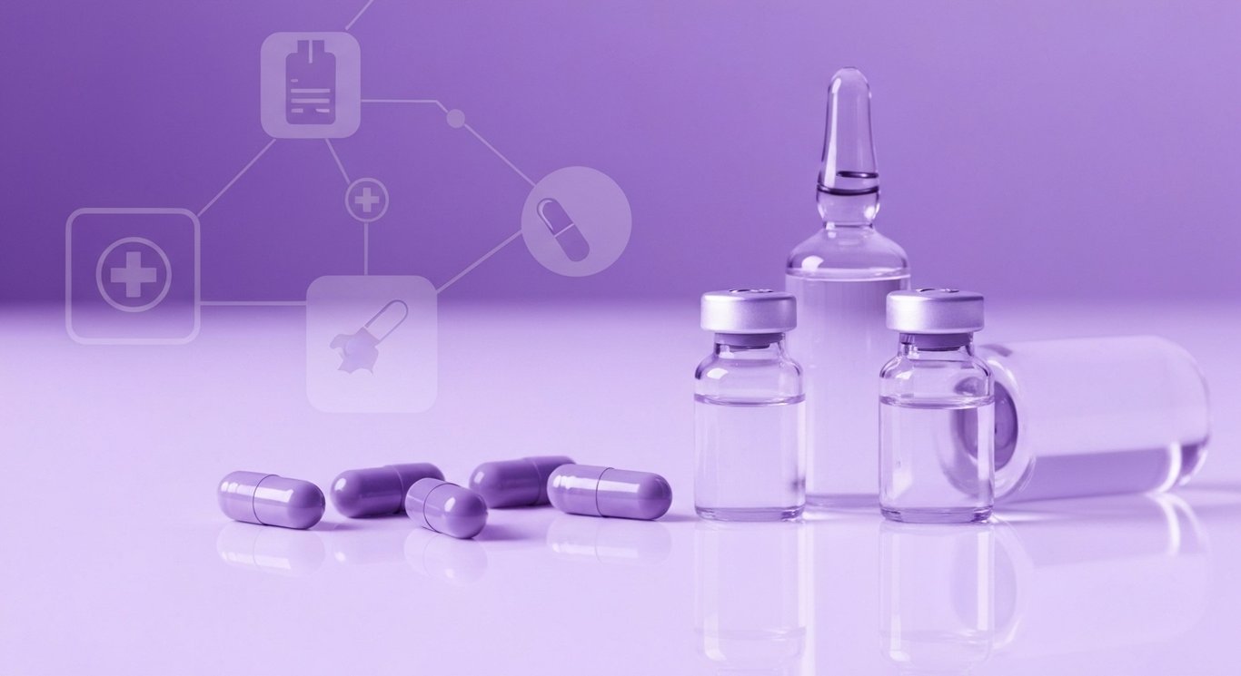 Pharmaceutical capsules and vials on a sleek surface with abstract purple healthcare-themed background