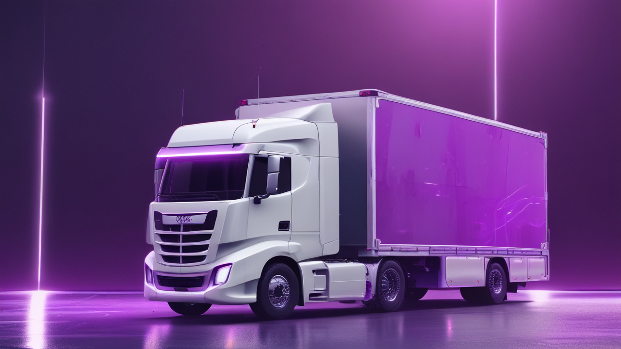 Modern white cargo truck in a futuristic fleet hub with dynamic purple lighting