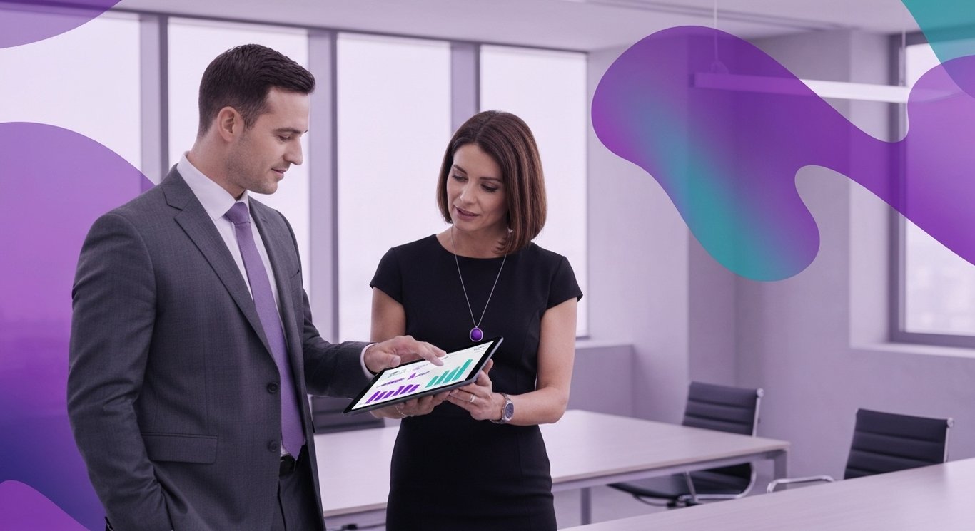 Business professionals review data on a tablet in a modern office with a soft purple gradient background