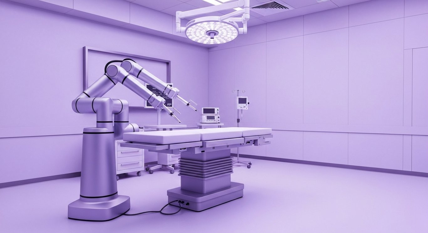 Autonomous surgical robot arm next to an operating table in a high-tech room with purple lighting