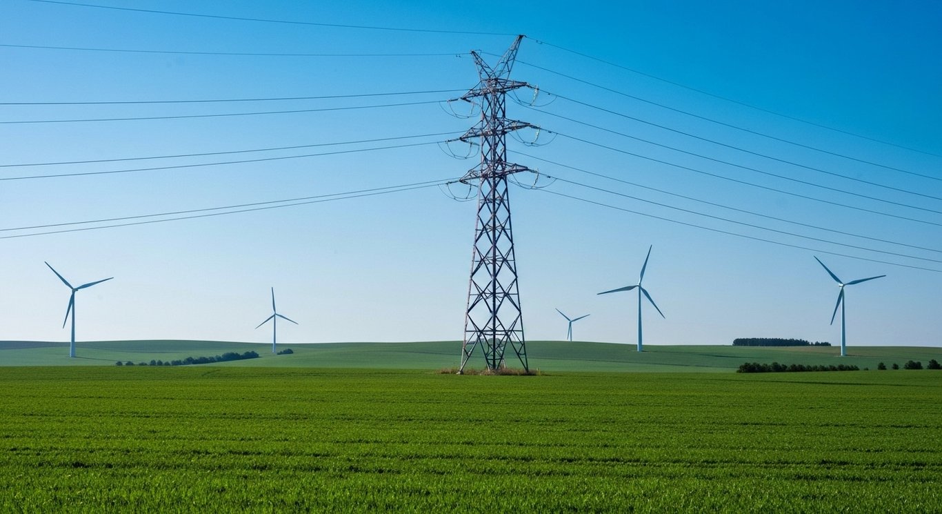 Modern electrical tower with wind turbines in green fields and a soft purple sky