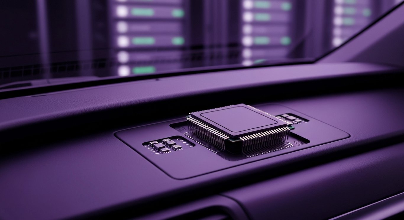 Semiconductor chip in a car dashboard with blurred server racks and purple hues
