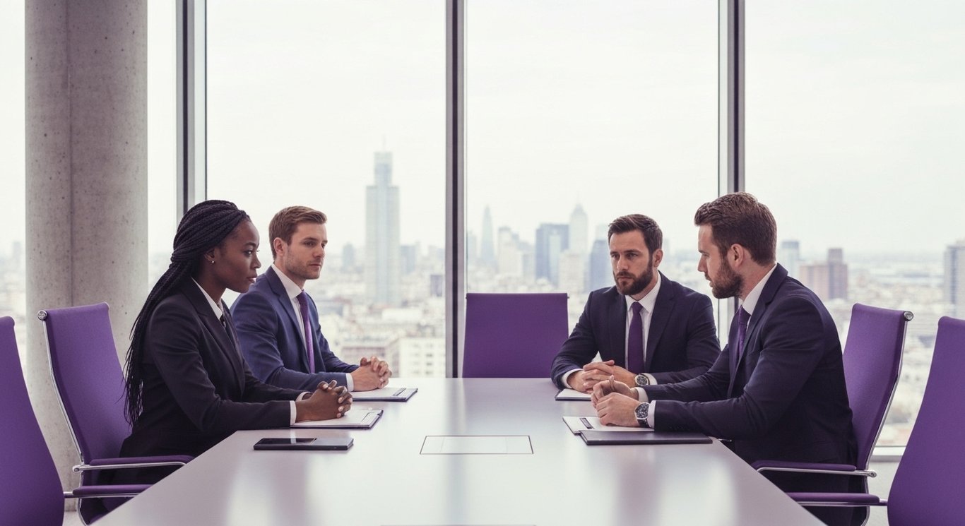 Business professionals discussing around a table in a modern office with large windows and city views