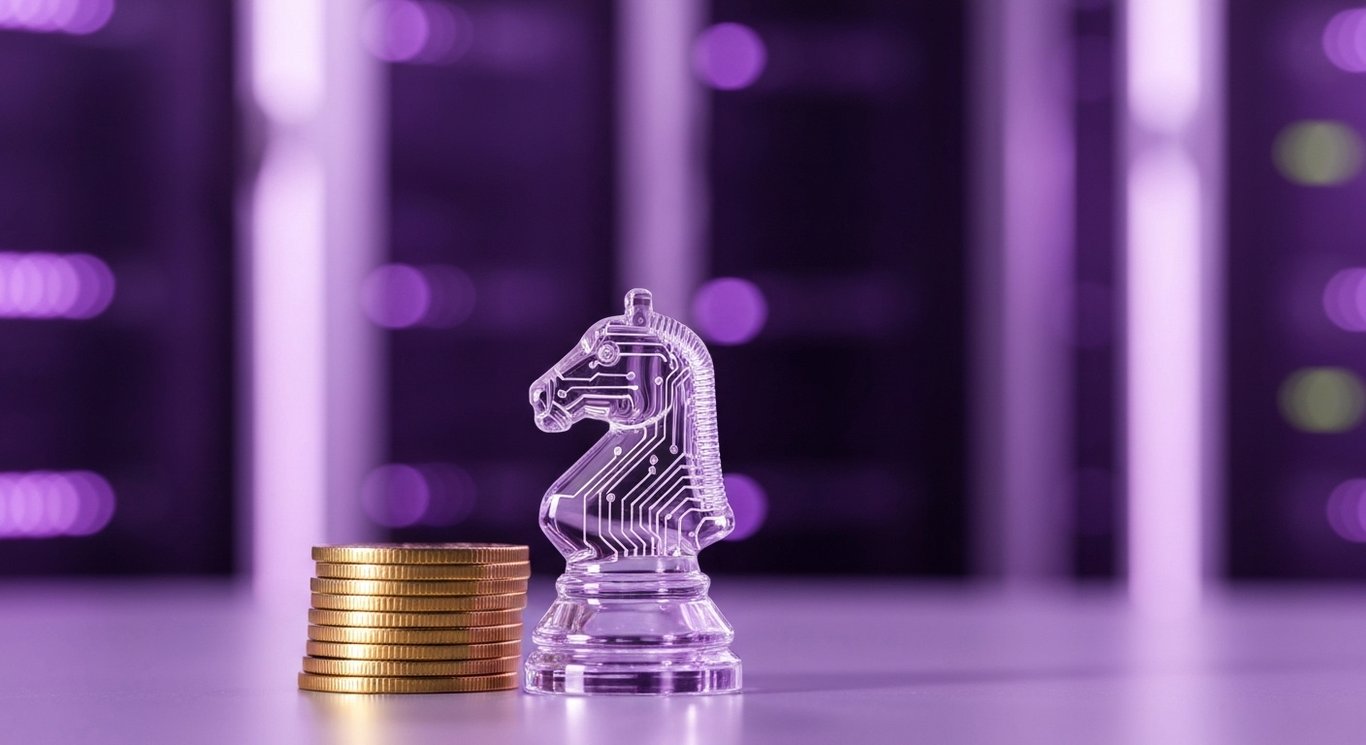 Glass chess knight beside stacked coins on reflective surface with distant data center racks and soft purple bokeh