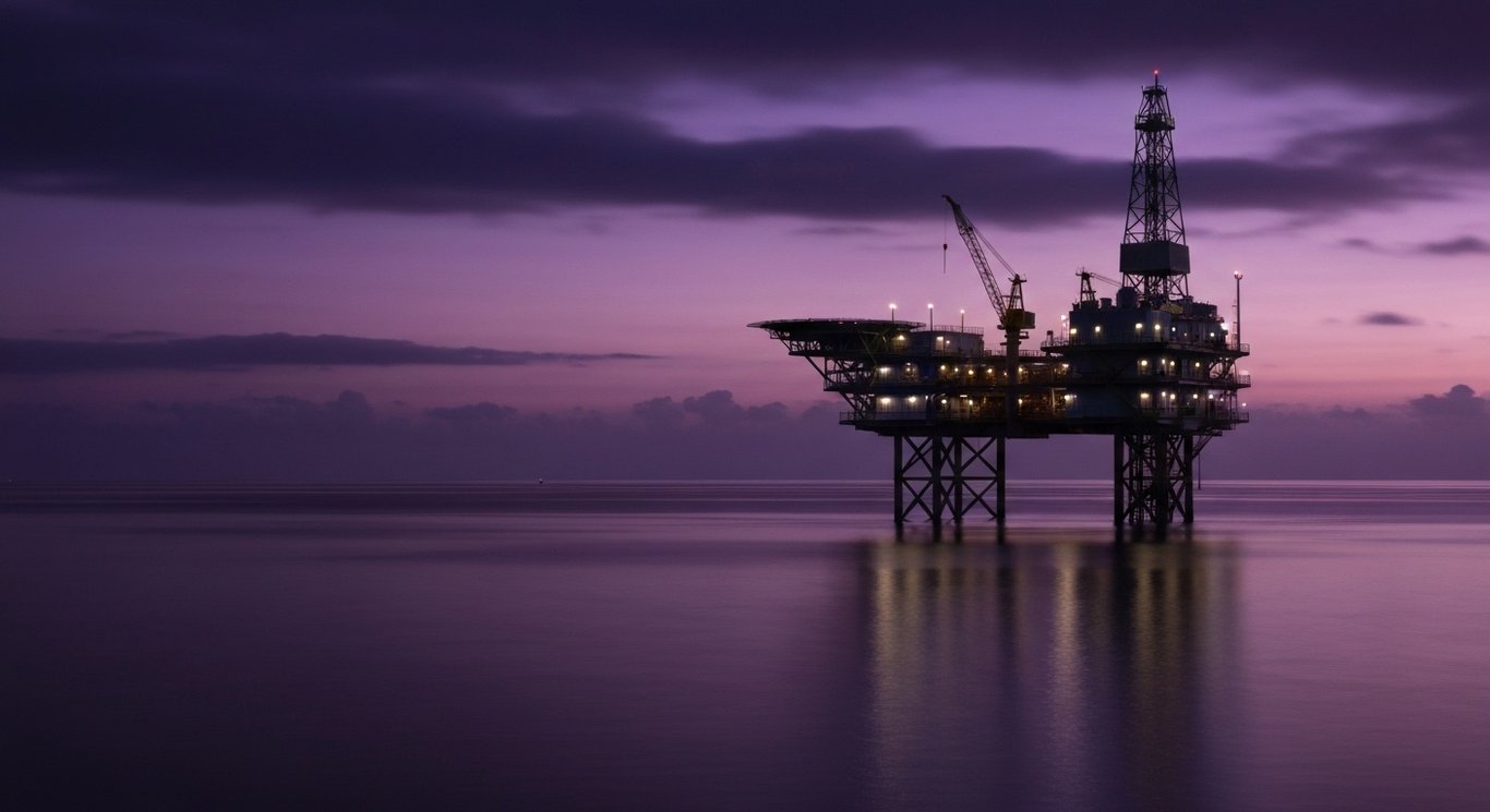 Modern oil platform standing over the ocean at dusk with a purple sky in the background