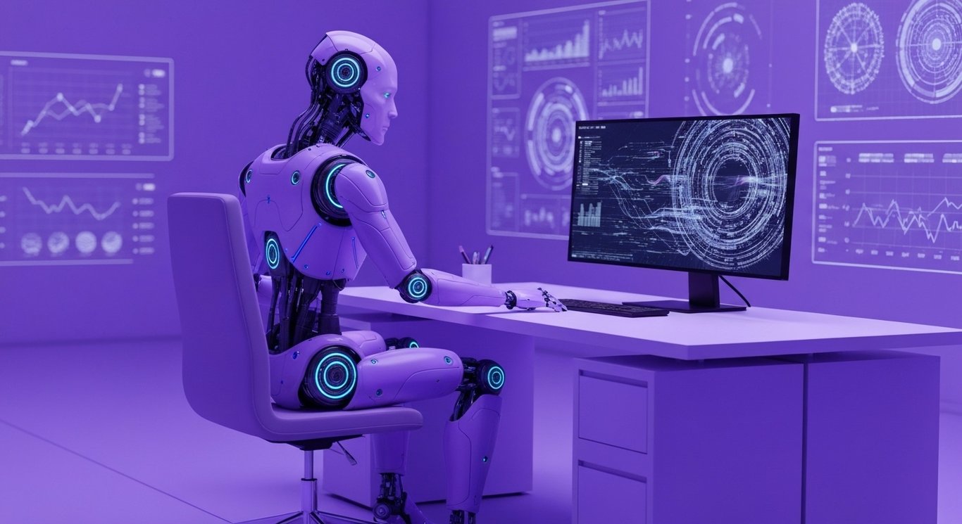 Abstract humanoid robot at workstation amid glowing data streams with a purple minimalist background