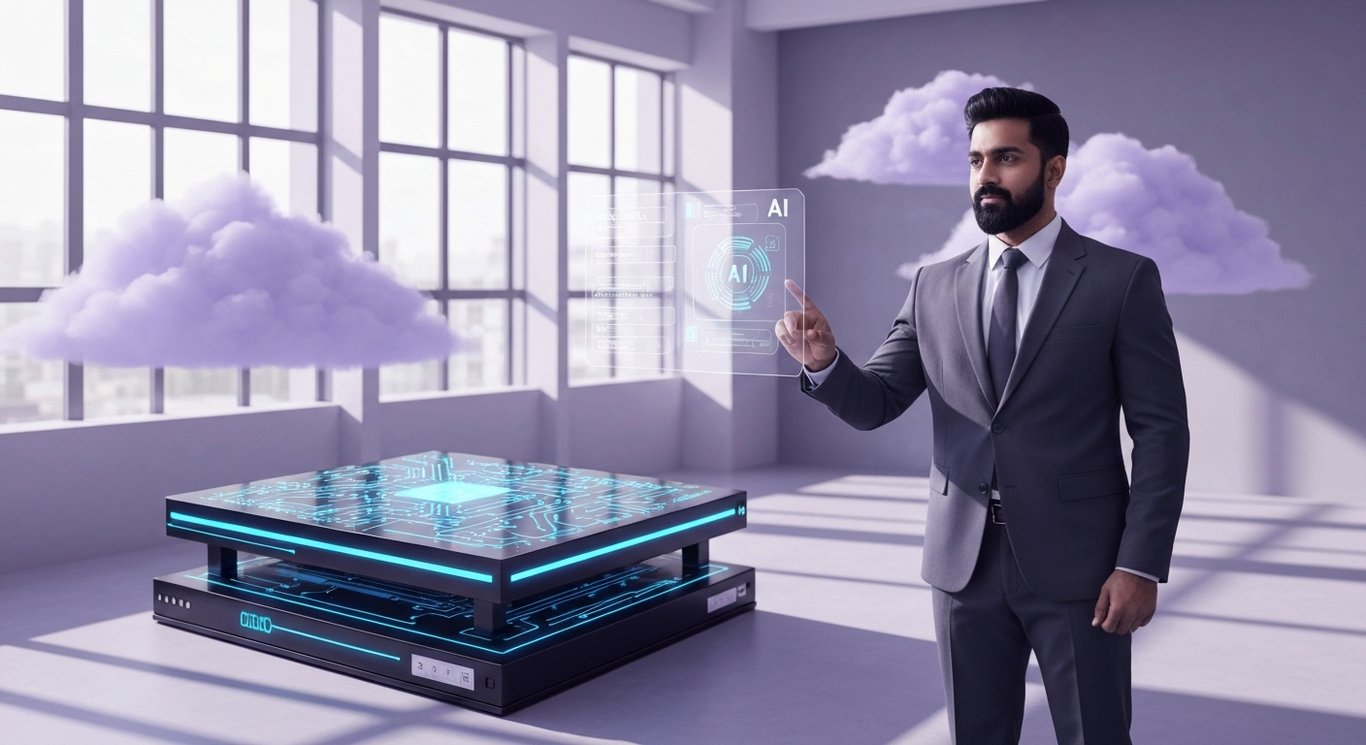 Businessperson using a holographic AI interface with quantum computer and cloud icons in a purple minimalist space