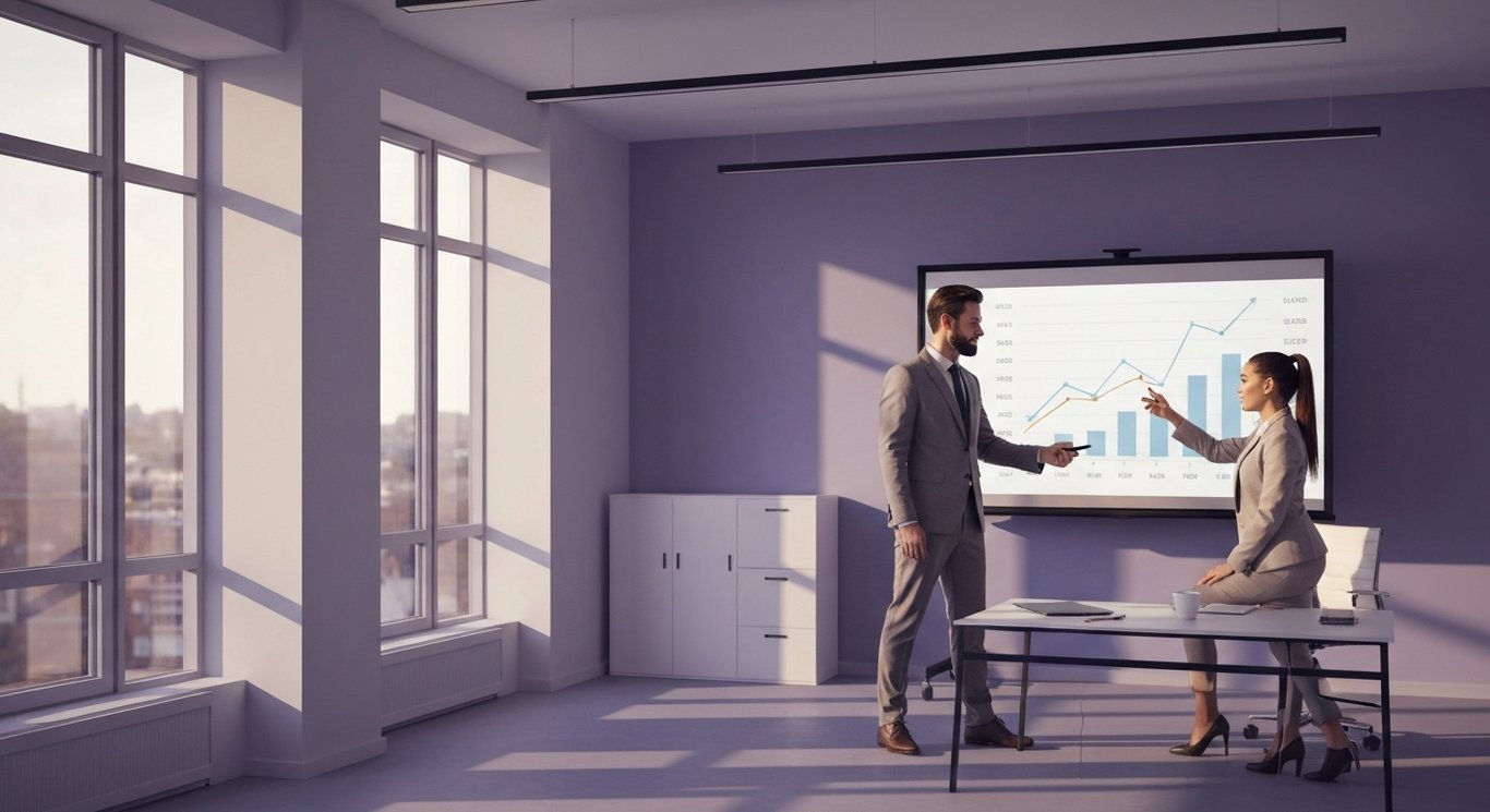 Two business professionals review growth charts in a sunlit modern office with a purple-toned minimalist design