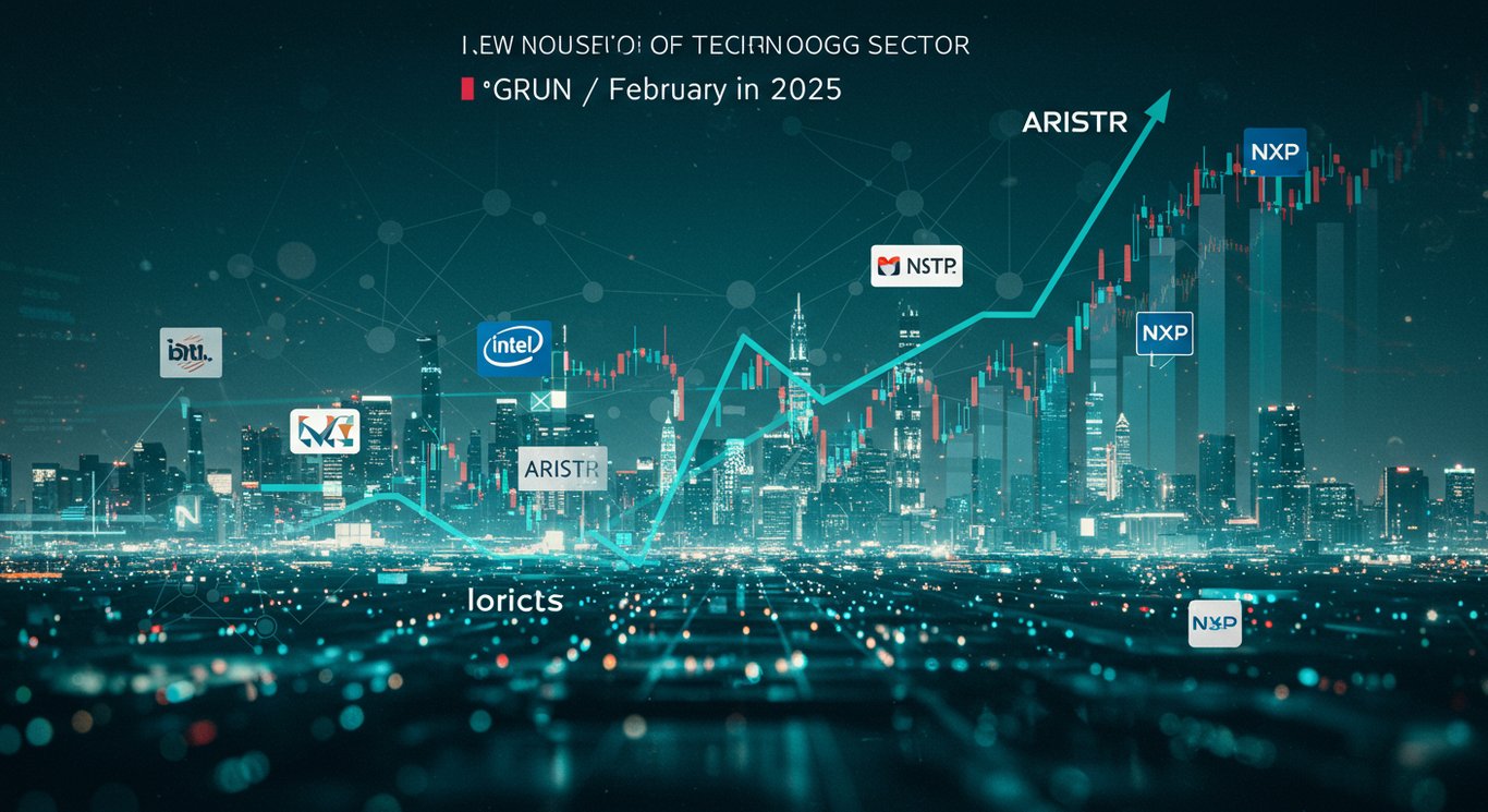 Conceptual illustration of the technology sector's mixed performance on February 12, 2025, featuring rising and falling stock charts against a futuristic cityscape, highlighting key companies and AI influence.