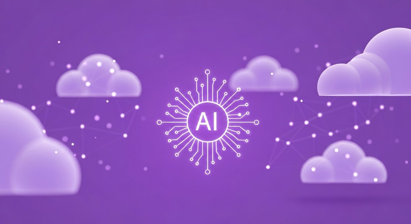 Abstract AI icon with digital clouds and neural network connections against a soft purple background