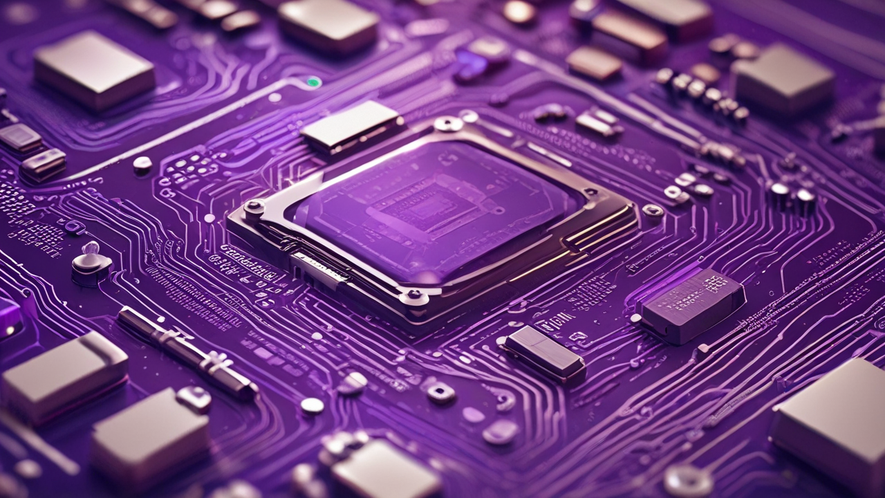 Modern microchip on a circuit board illuminated by soft purple light and abstract technological shapes