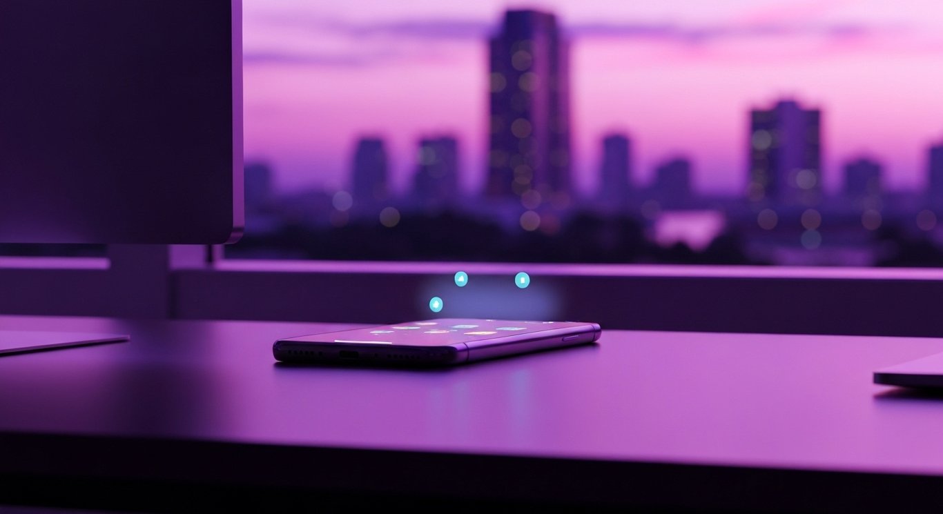 Mobile smartphone with glowing notifications on a sleek desk and a blurred purple cityscape in the background