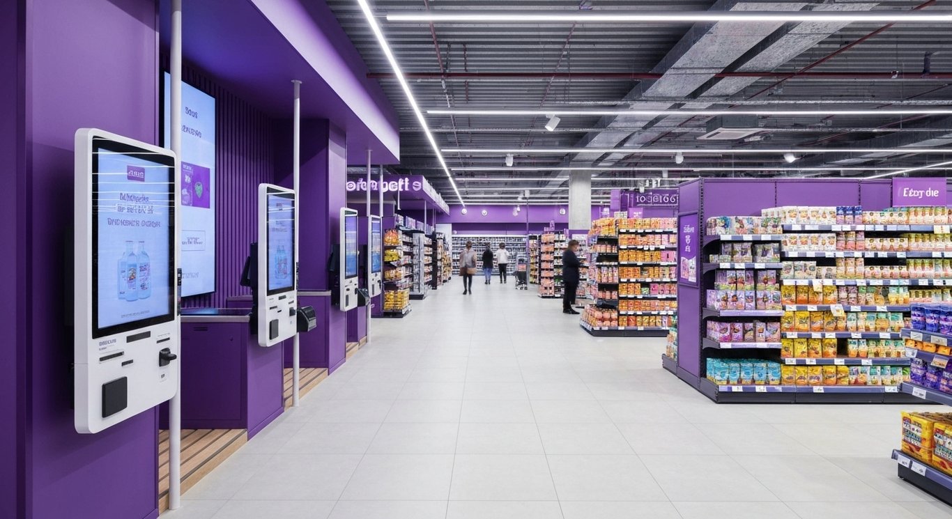 Modern supermarket interior with self-checkout kiosks and a softly lit purple-themed environment