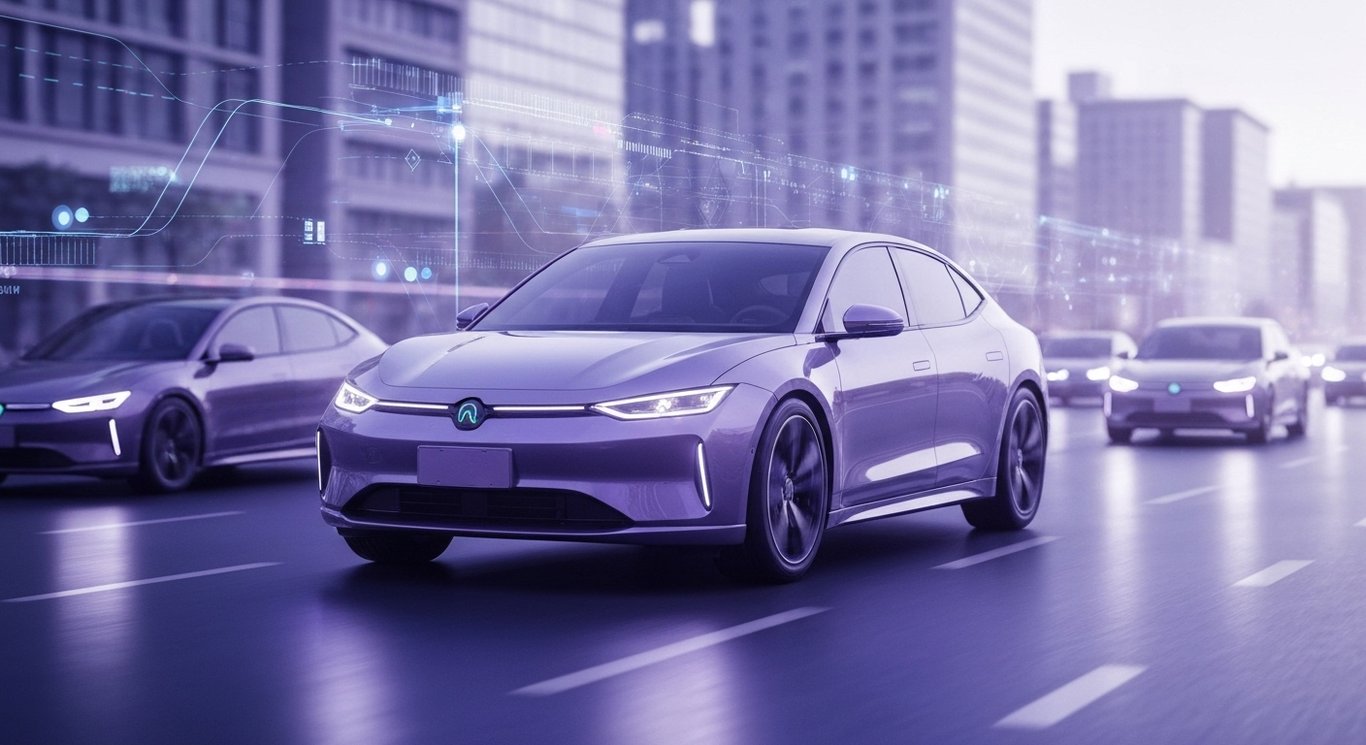 Electric car equipped with sensors driving among autonomous vehicles in a stylized purple cityscape