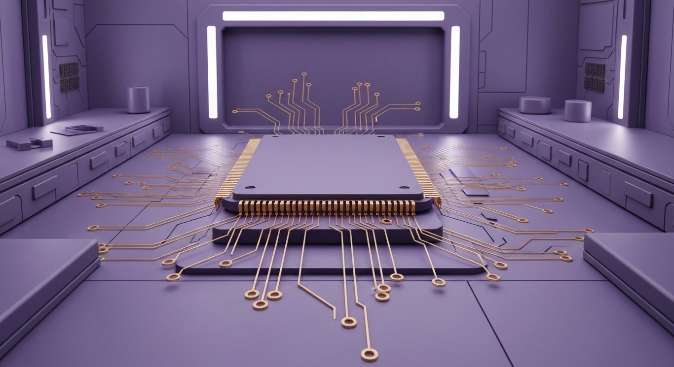 Computer chip with gold connectors amid abstract purple circuit lines in a futuristic lab background