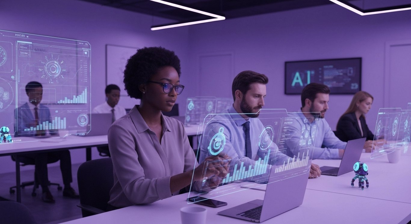 Corporate office with professionals reviewing data on transparent screens and purple accents
