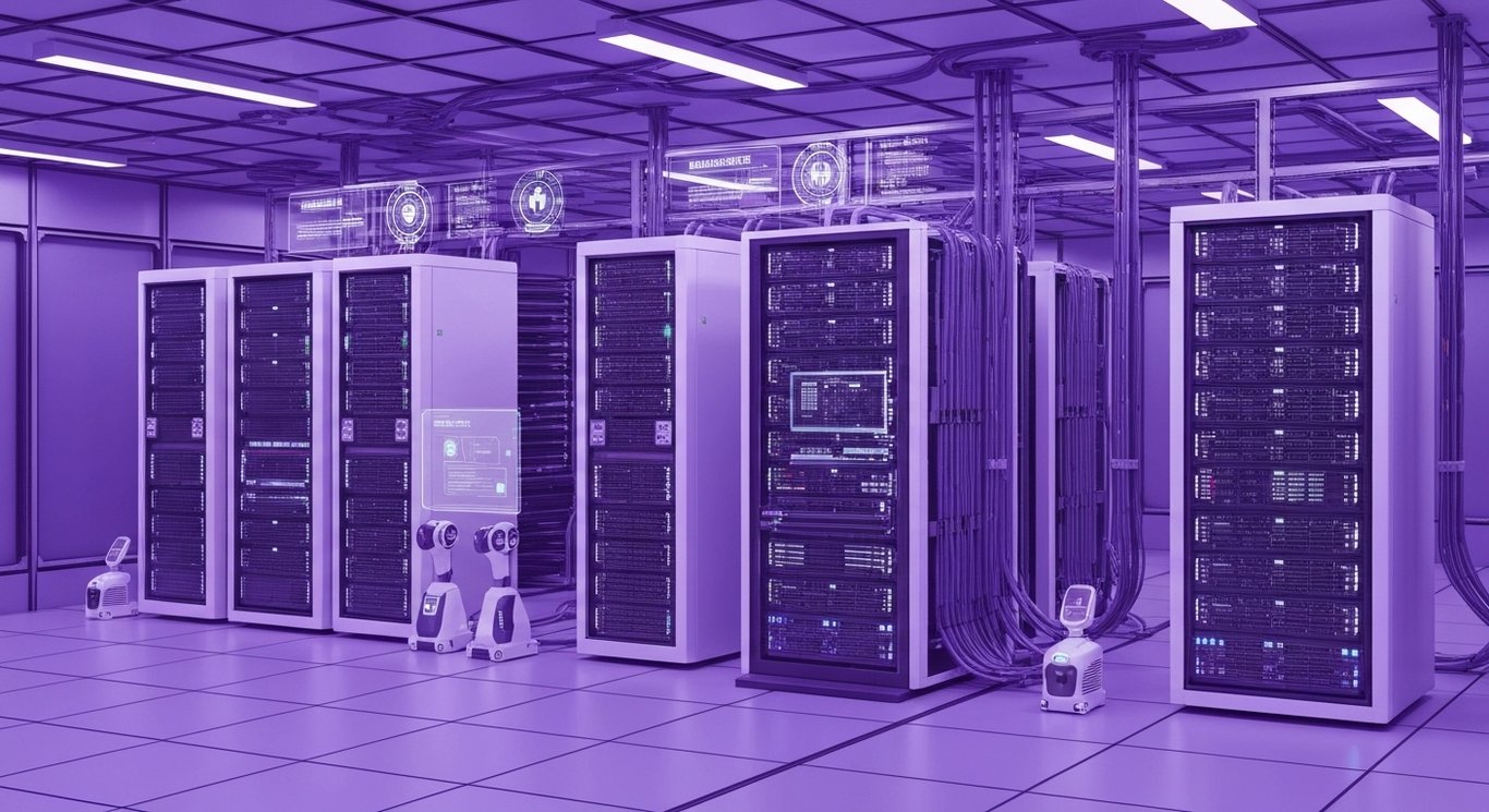 Futuristic servers and AI devices in a modern data center with purple lighting and abstract global network graphics