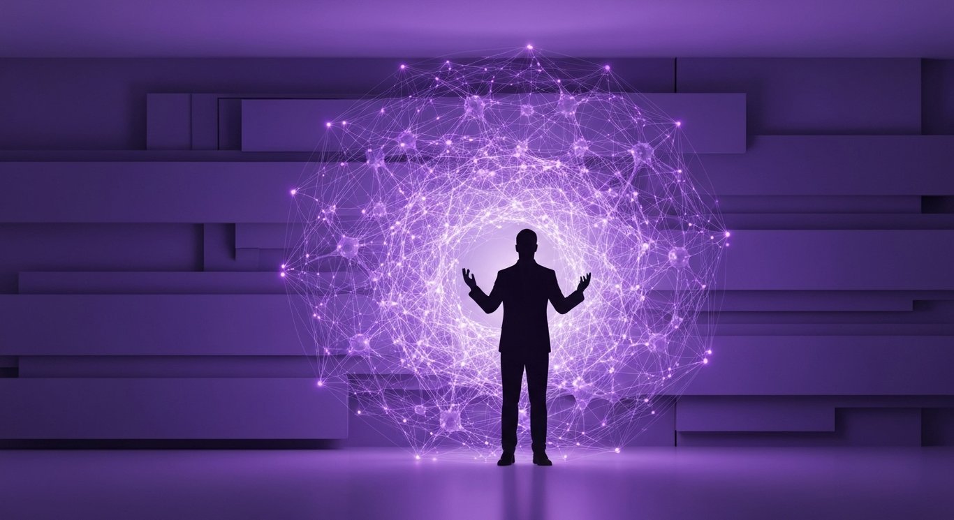 Human silhouette with digital neural network in a futuristic workplace featuring purple tones