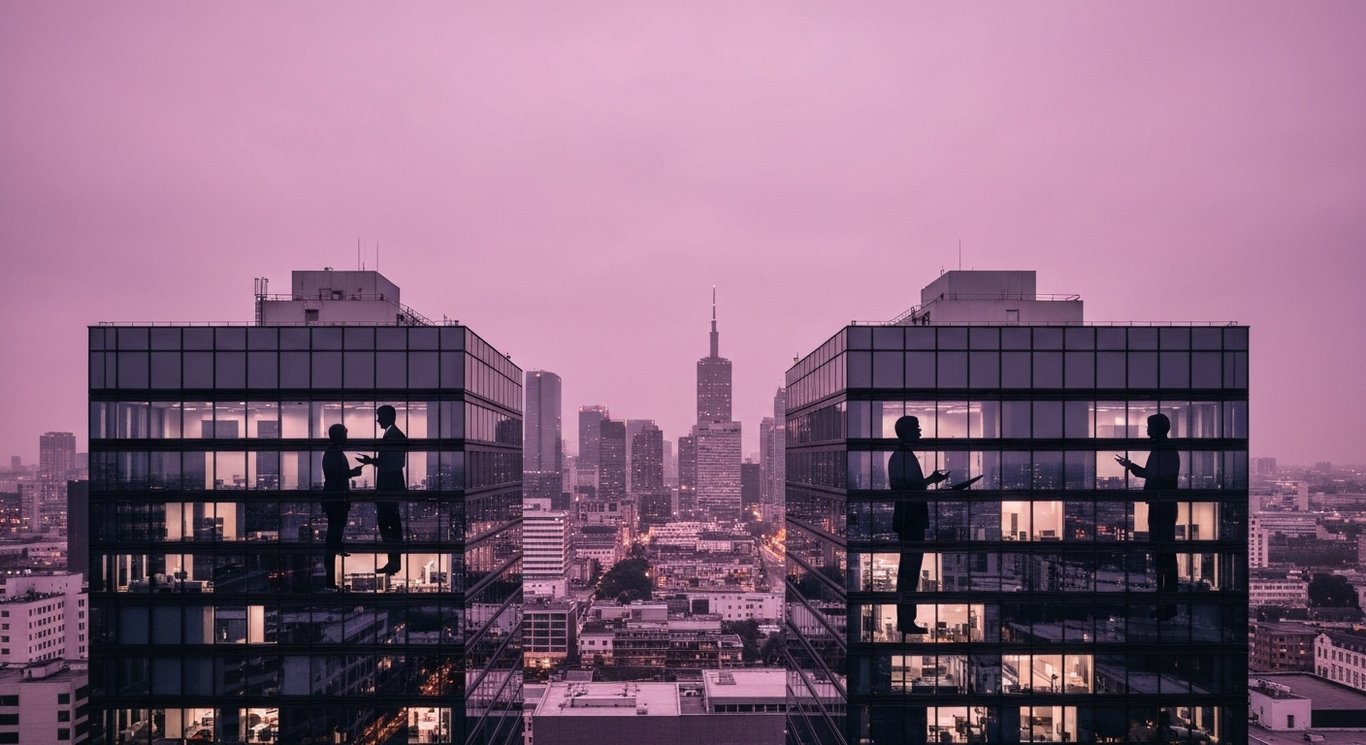 Two glass office buildings with stylized figures talking against a purple city skyline at dusk