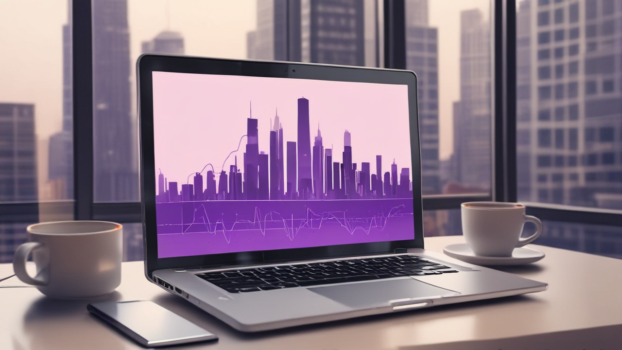 Modern desk with financial charts and laptop in front of a blurred city skyline with purple tones