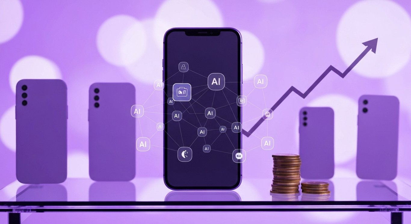 Smartphone with floating AR icons and AI nodes on a glass desk with stacked coins and an upward arrow, soft purple bokeh