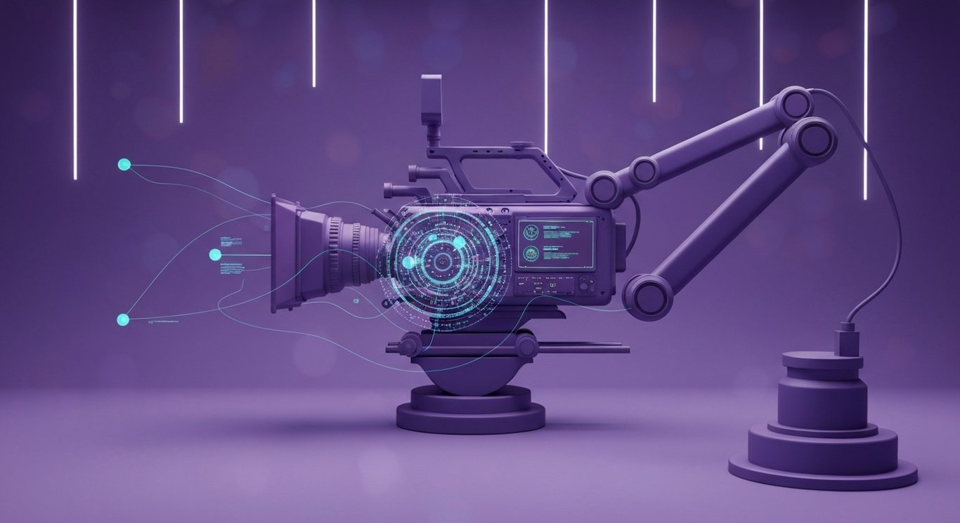 Cinema camera with holographic AI interface in a modern studio with a robotic arm and purple ambient glow