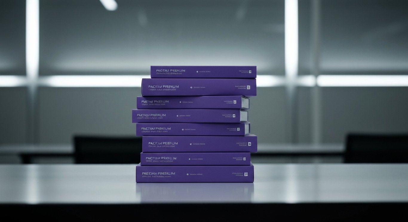 Stack of premium consumer product packages on a reflective surface with a soft purple background