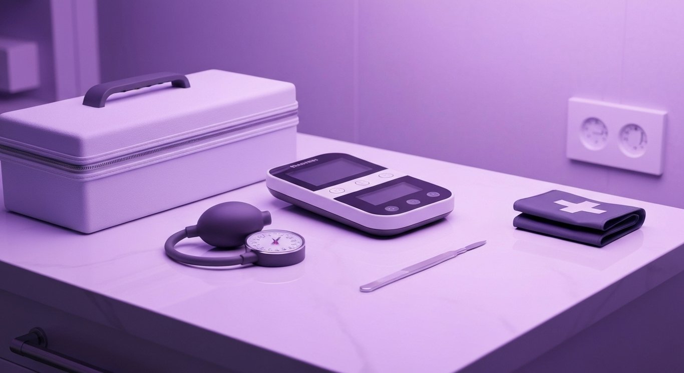 Continuous glucose monitor device beside medical instruments on a clinical counter with a purple background