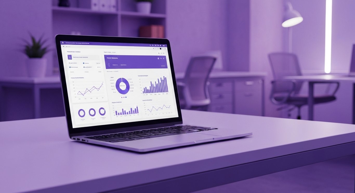 Modern laptop computer on a sleek desk in an office with purple lighting accents