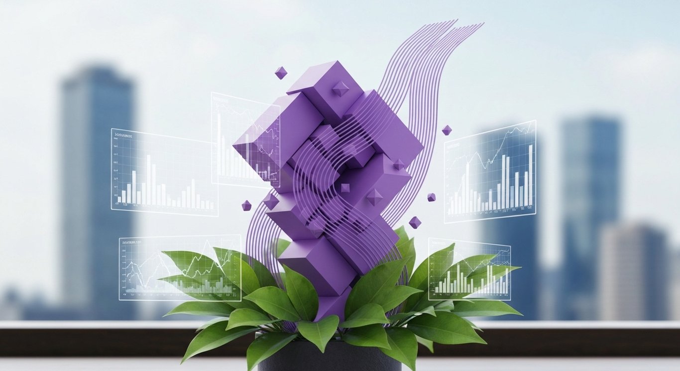Modern abstract sculpture with green leaves and digital graphs against a soft purple city skyline