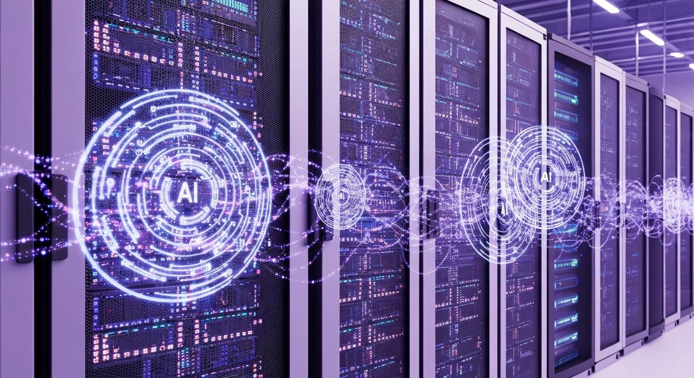 Modern data center servers with glowing circuitry and abstract AI holograms, bathed in soft purple light