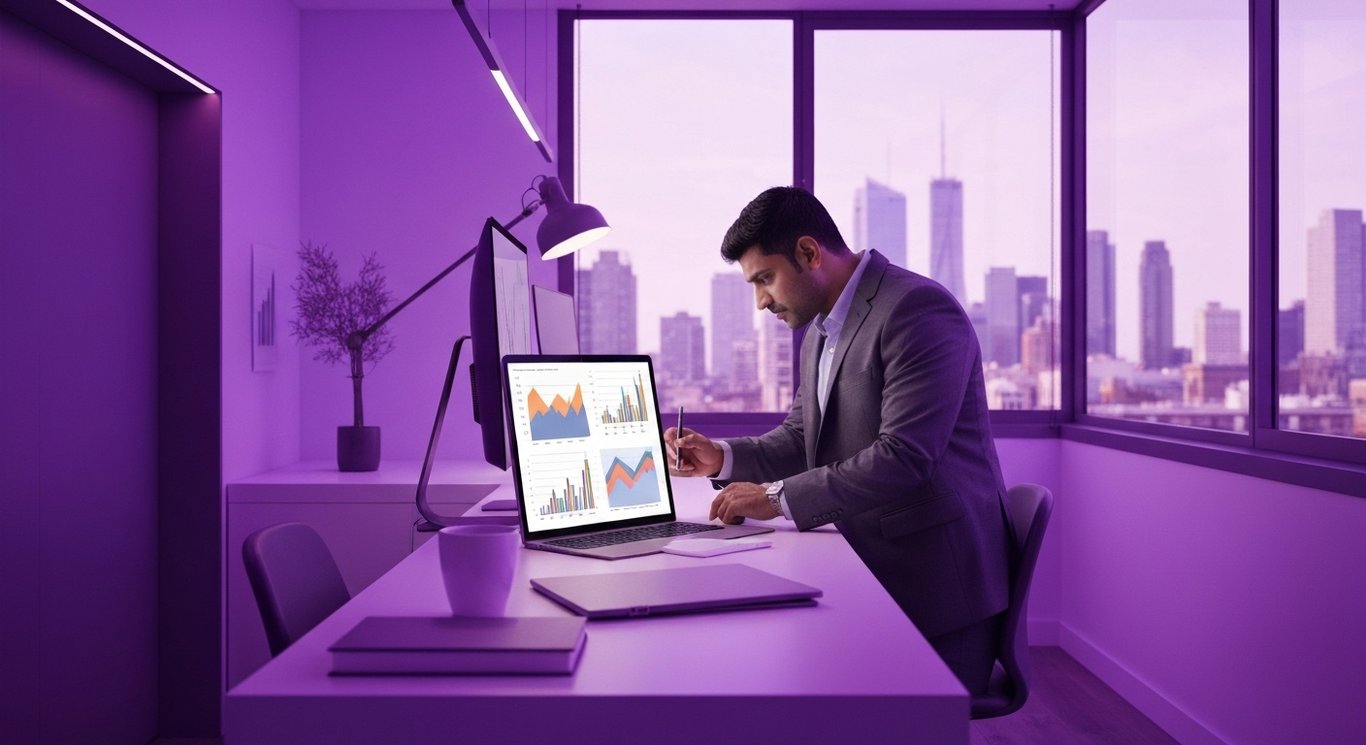Businessman reviews financial charts on a tablet in a modern office with purple lighting and city skyline