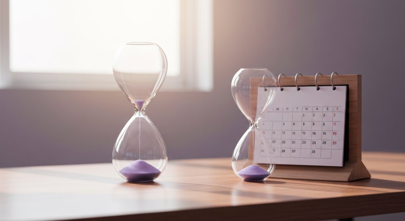 Hourglass and calendar on a tidy desk with gentle sunlight and a soft purple-themed background
