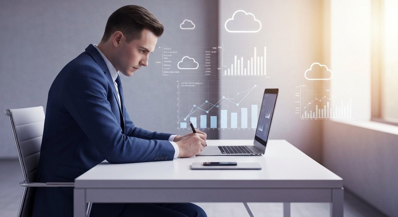 Business professional at modern desk with digital graphs and cloud icons in the background