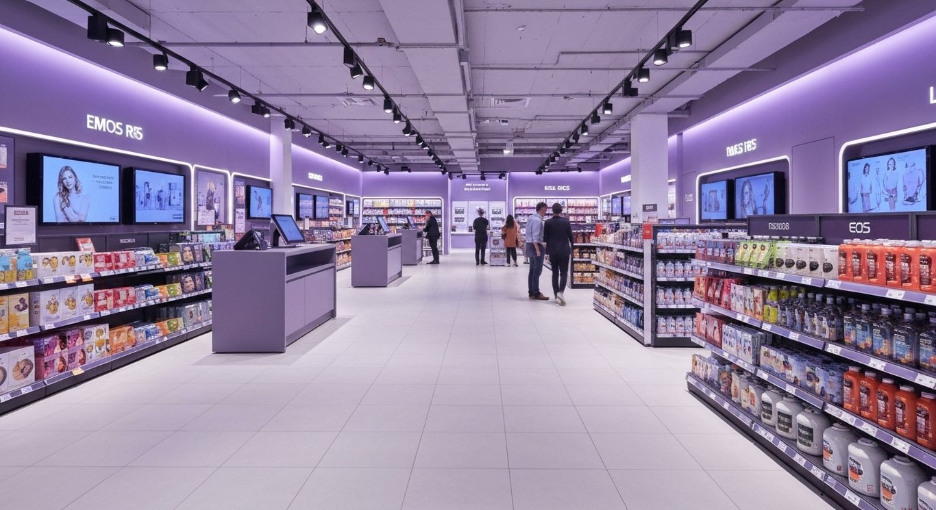 Modern retail store with sleek electronics section and shoppers browsing under purple-toned lighting