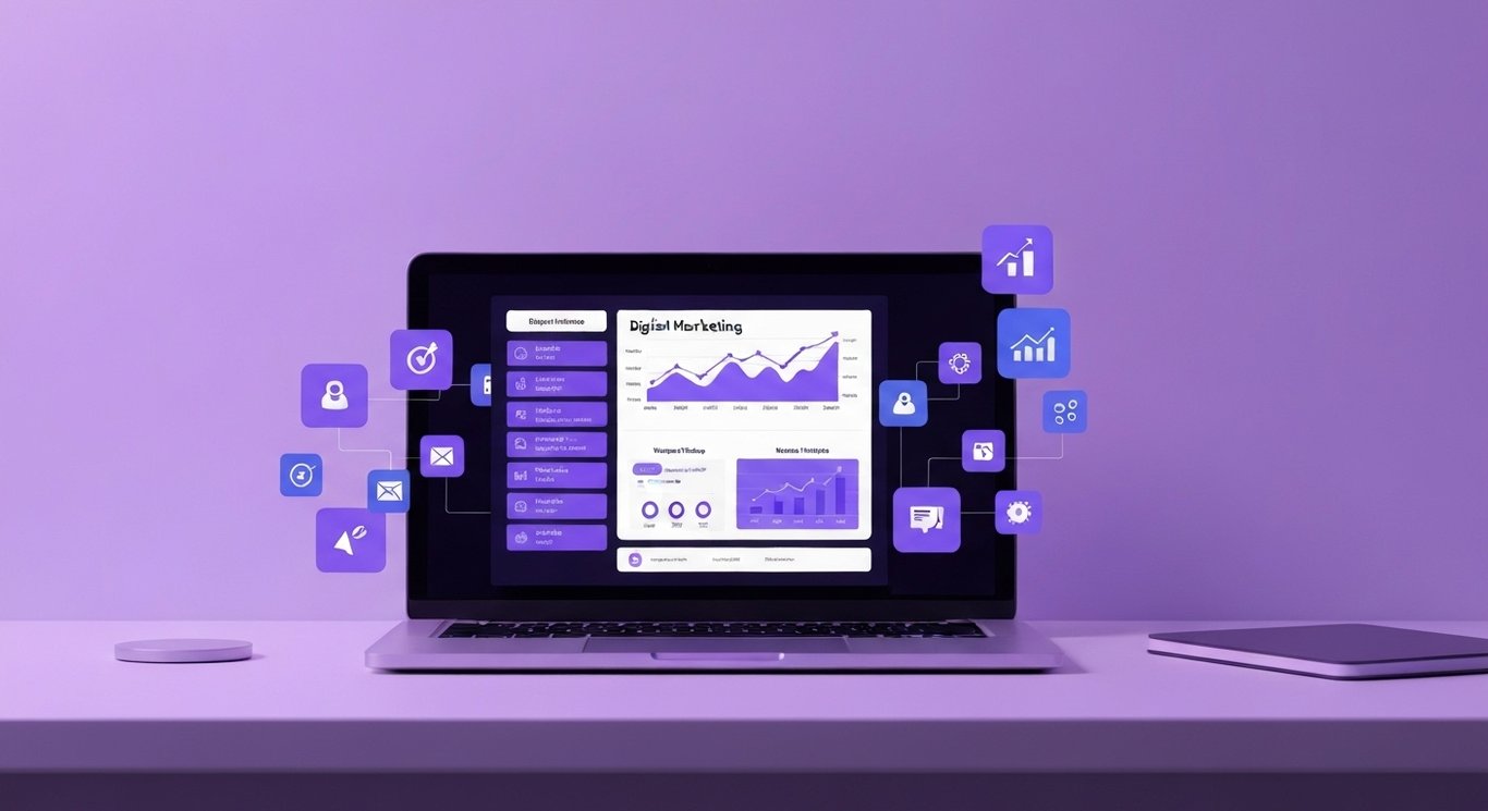 Modern laptop displaying digital dashboard on a clean workspace with abstract purple-themed icons