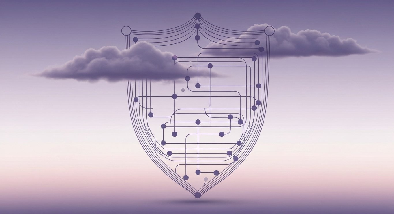 Abstract shield of interconnected nodes over soft purple gradient, with distant fading storm clouds and calm flowing streams